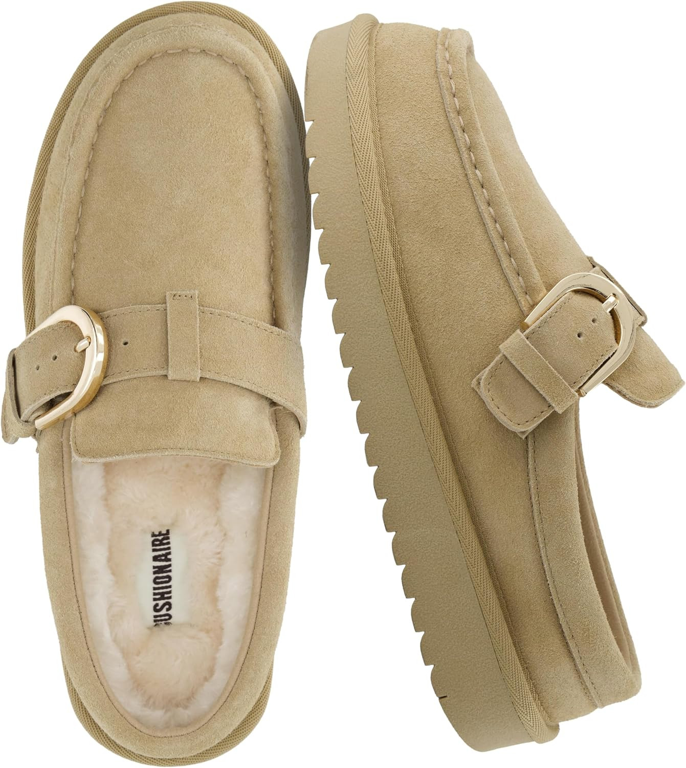 CUSHIONAIRE Origin Genuine Suede Mule Clogs for Women, Cozy Slip-On Moc Toe Loafer with Buckle and Faux Fur Cushioned Footbed | Amazon (US)