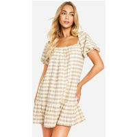 Womens Gingham Tiered Smock Dress - Beige - 4 | boohoo (US & Canada)