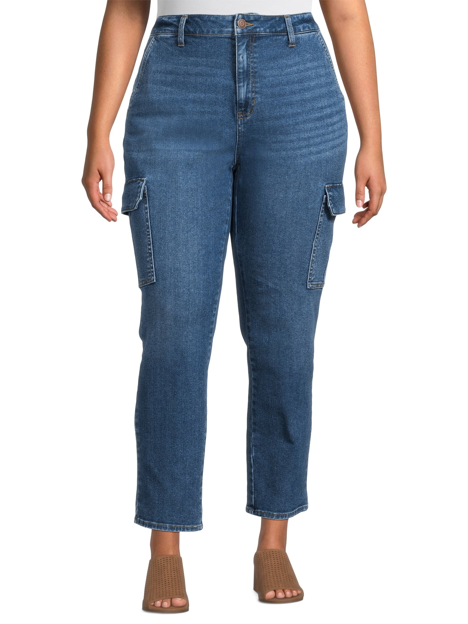 Terra & Sky Women's Plus Size High Rise Cargo Straight Leg Jeans, 29" Inseam, Sizes 16W-26W | Walmart (US)