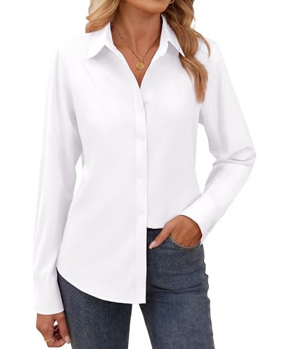 Gleeivy White Button Down Shirt Women Long Sleeve V Neck Collared Cotton Blouses White Button Up Shirt Women Business Casual Blouses Fit Work Tops White M | Amazon (US)