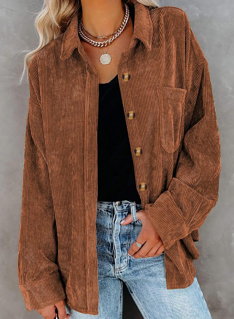 Yeahill Corduroy Shirt Women Oversized Button Down Shirts for Women Shacket Jacket Women Long Sleeve | Amazon (US)