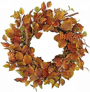 Fall Wreath 20" Autumn Wreath for Front Door, Harvest Wreath with Maple Leaves, Ears of Wheat and... | Amazon (US)