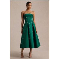 Sylvette | Dark Green Satin Embellished Bandeau Skater Midi Dress | Club L London