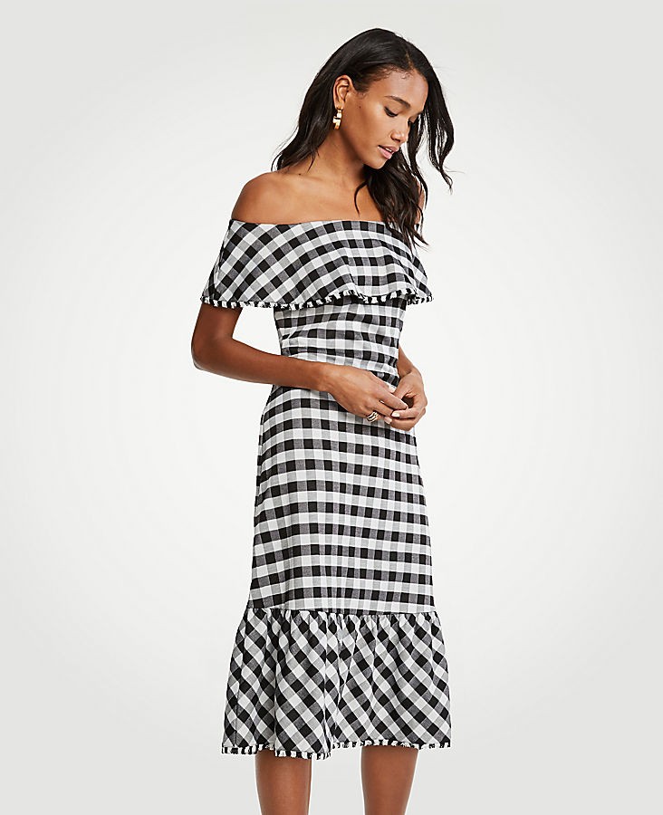 Gingham Off The Shoulder Midi Dress | Ann Taylor (US)