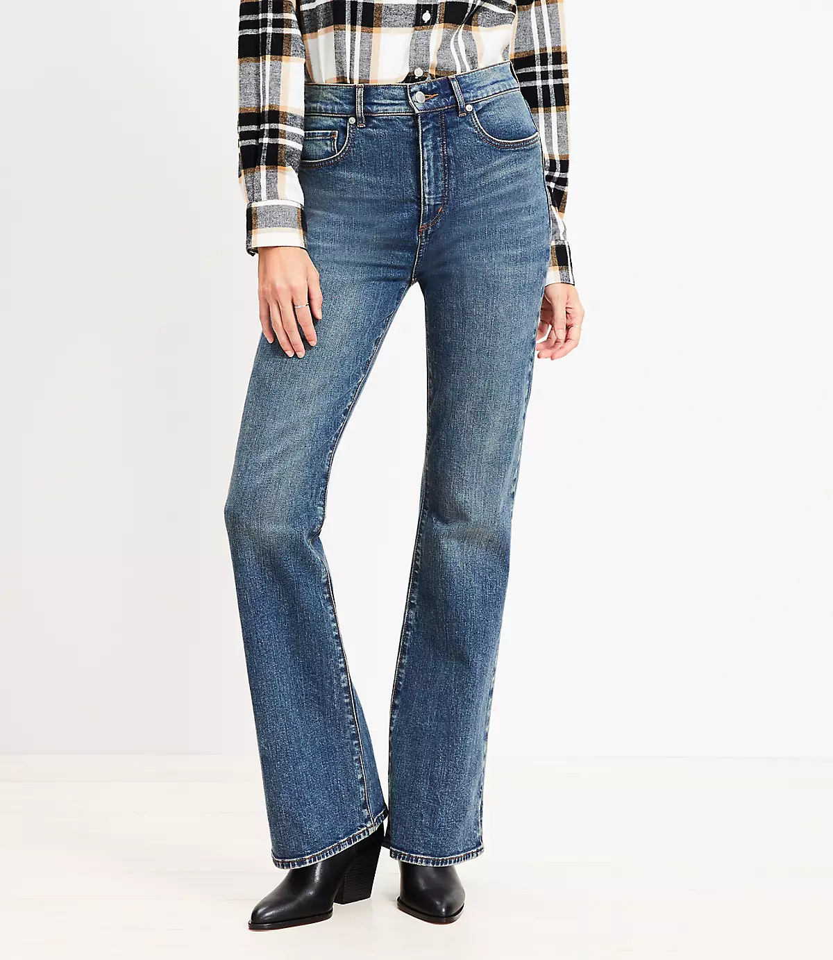 Petite High Rise Slim Flare Jeans in Mid Vintage Wash | LOFT