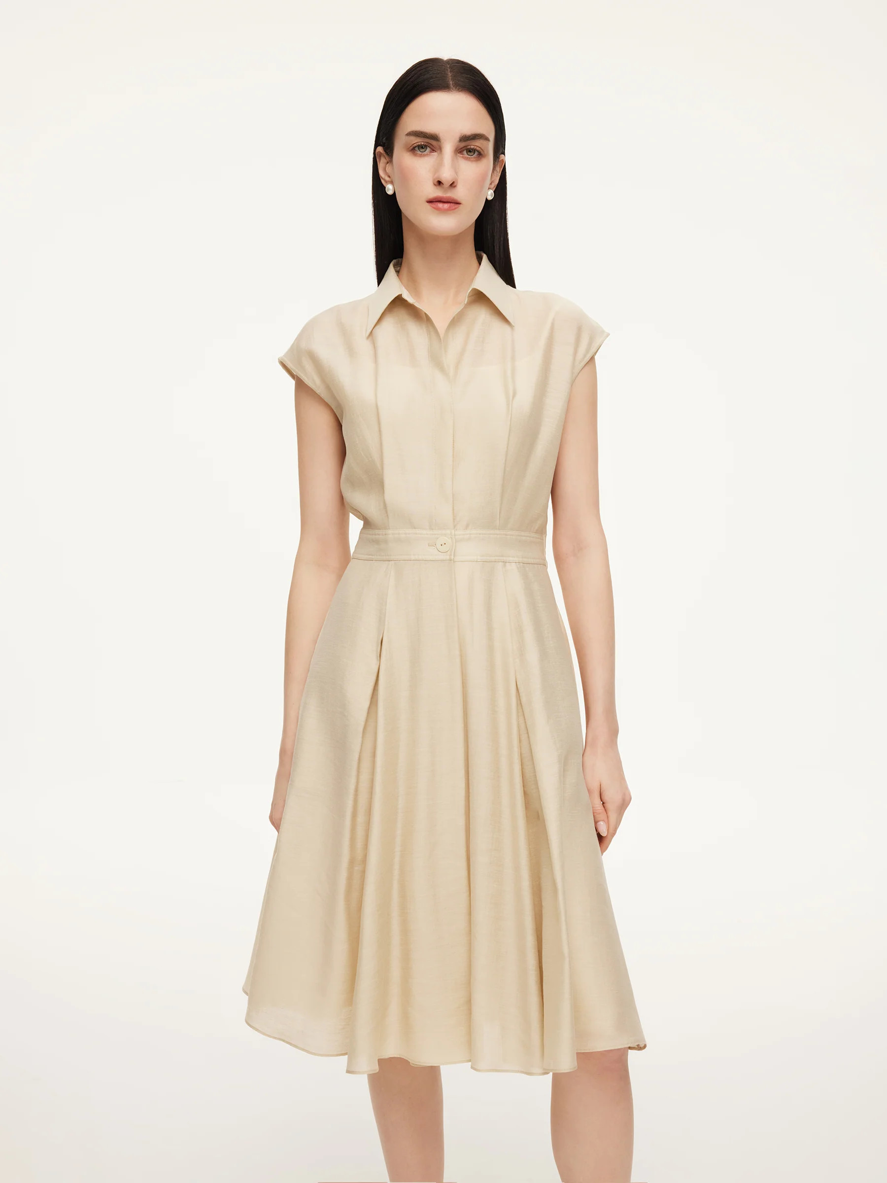 Tencel Acetate Linen Blend Cap Sleeve Women Midi Shirt Dress | GOELIA