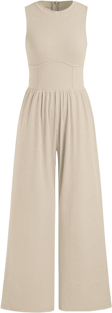 CIDER Jumpsuit for Women Sleeveless Wide Leg Overalls Casual Solid Crew Neck One Piece Outfits wi... | Amazon (US)