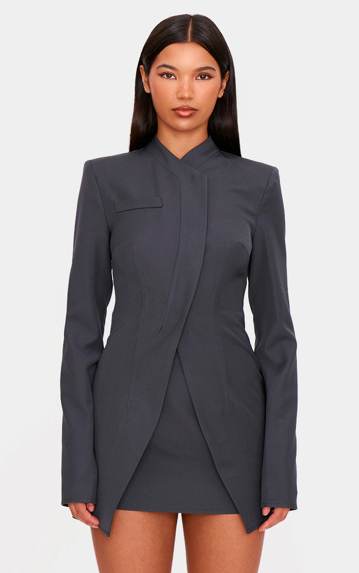 Charcoal Tailored Overlap Long Sleeve Bodycon Dress | PrettyLittleThing UK