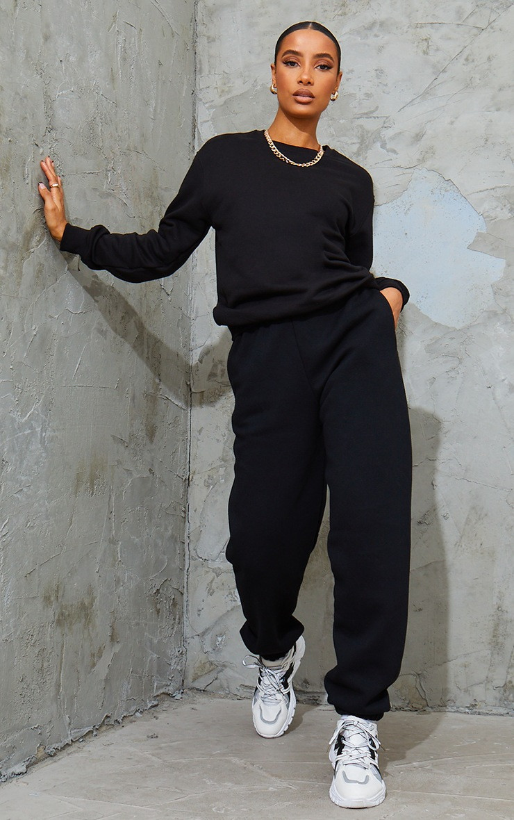 Black Sweat Cuffed High Waist Joggers | PrettyLittleThing US