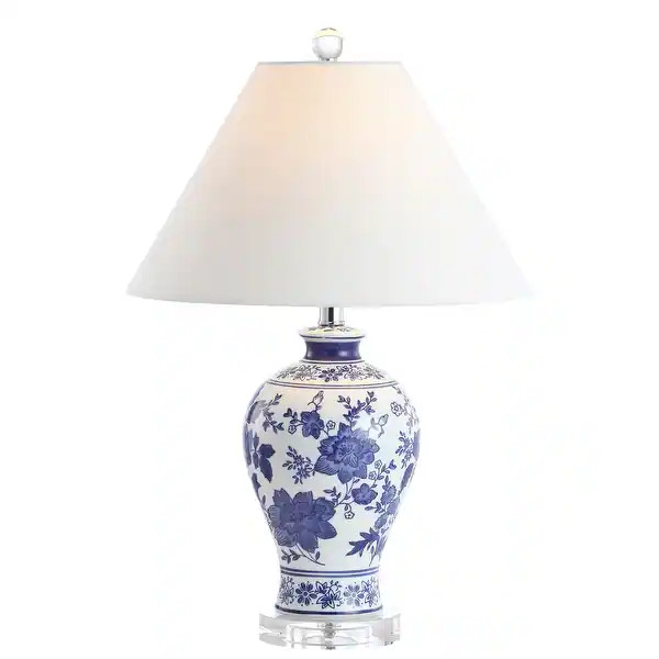 Loop 21.5" Ceramic/Crystal Chinoiserie Floral LED Table Lamp, Blue/White by JONATHAN Y | Bed Bath & Beyond