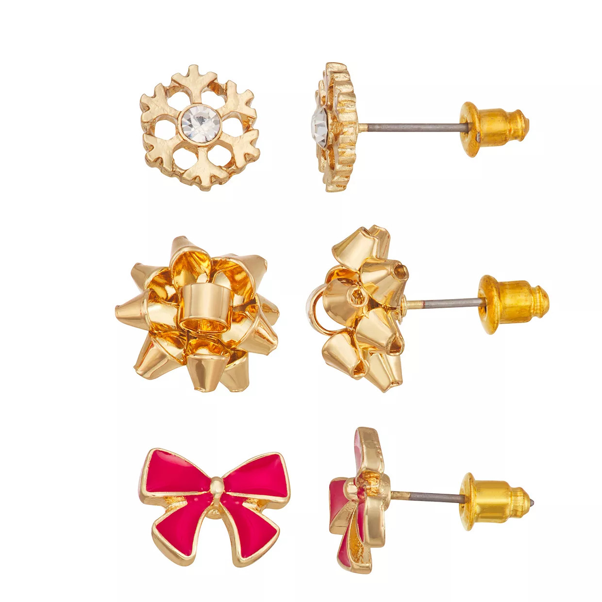 Celebrate Together™ Gold Tone Crystal Snowflake & Bows Stud Earring Set | Kohl's