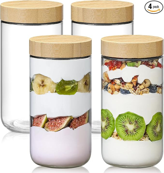 NETANY 4-pack 24oz Glass jars with Airtight Lids, Overnight Oats Containers with Bamboo Lids, Wid... | Amazon (US)