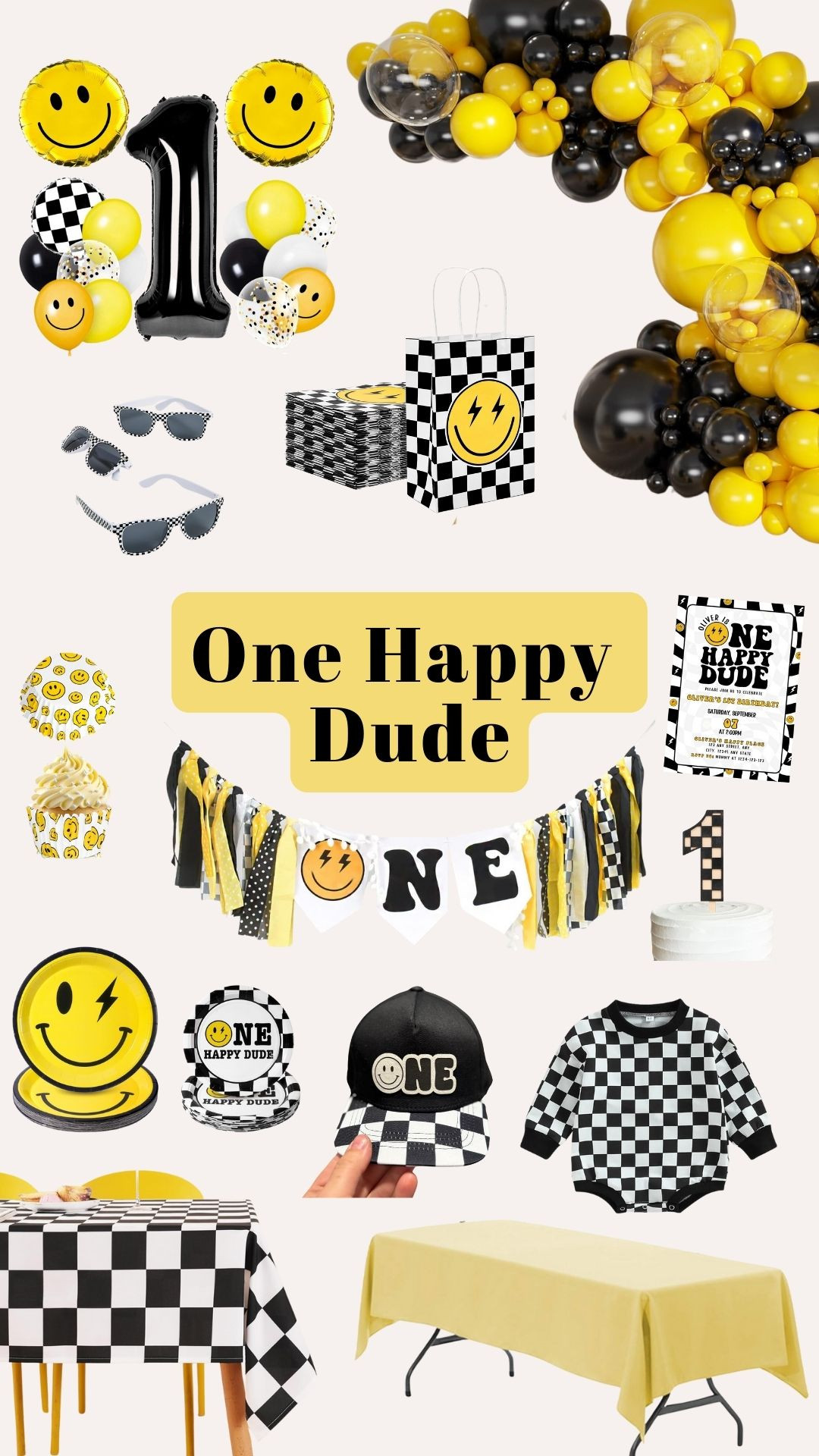Baby boy first birthday party idea. One happy dude. Smiley face. Checker. Fun trendy parties. Boy mom. 1st. One year old. Balloons. Table. Invitations. Party favors. 

#LTKBaby #LTKParties #LTKKids