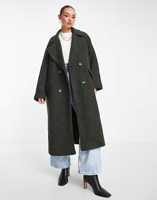 ASOS DESIGN smart double breasted boucle wool mix coat in khaki | ASOS (Global)