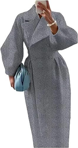 XSTH 2023 Women Double Breasted Lapel Pea Coats Ankle Length Solid Color Overcoat Lantern Sleeve Maxi Long Trench Coat gray Size 2XL | Amazon (US)