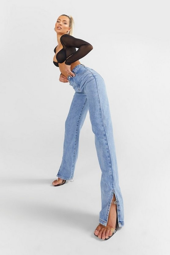 High Rise Split Hem Straight Leg Jeans | Boohoo.com (US & CA)