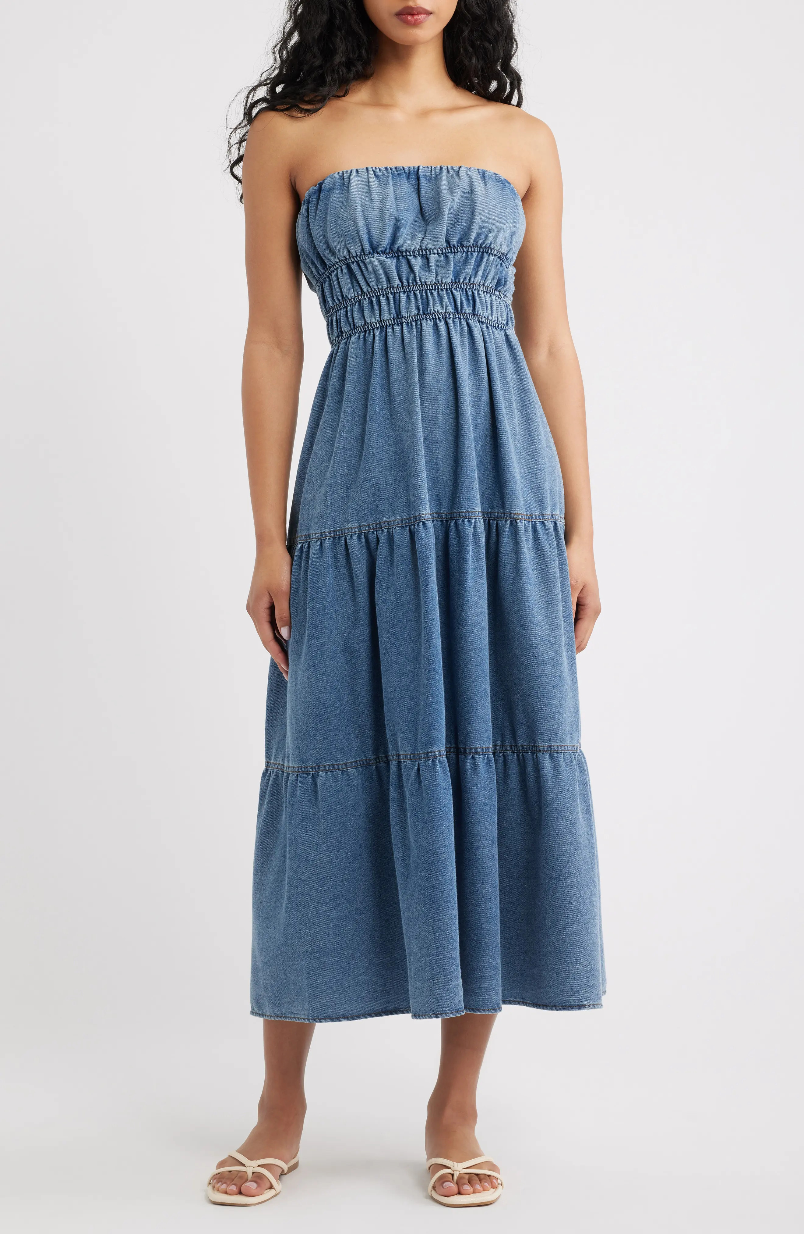 Blu Pepper Strapless Tiered Denim Midi Dress (Women) | Nordstrom | Nordstrom