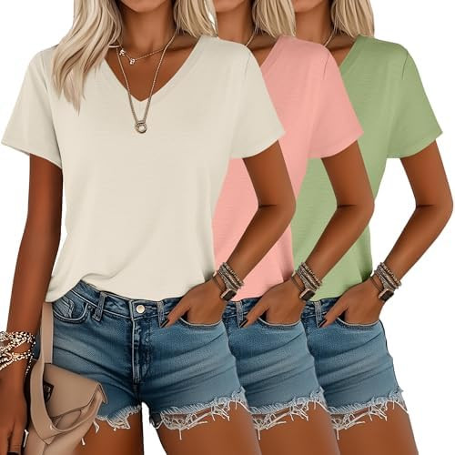 Riyiper 3 Pack Women's T-Shirts V Neck Summer Trendy Short Sleeve Casual Tops Spring Loose Fit Ba... | Amazon (US)