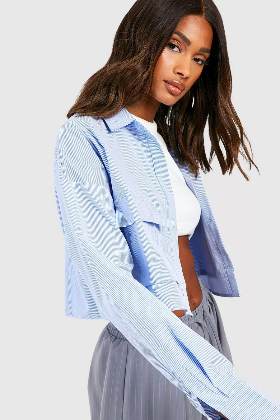 Stripe Double Pocket Cropped Shirt | Boohoo.com (UK & IE)