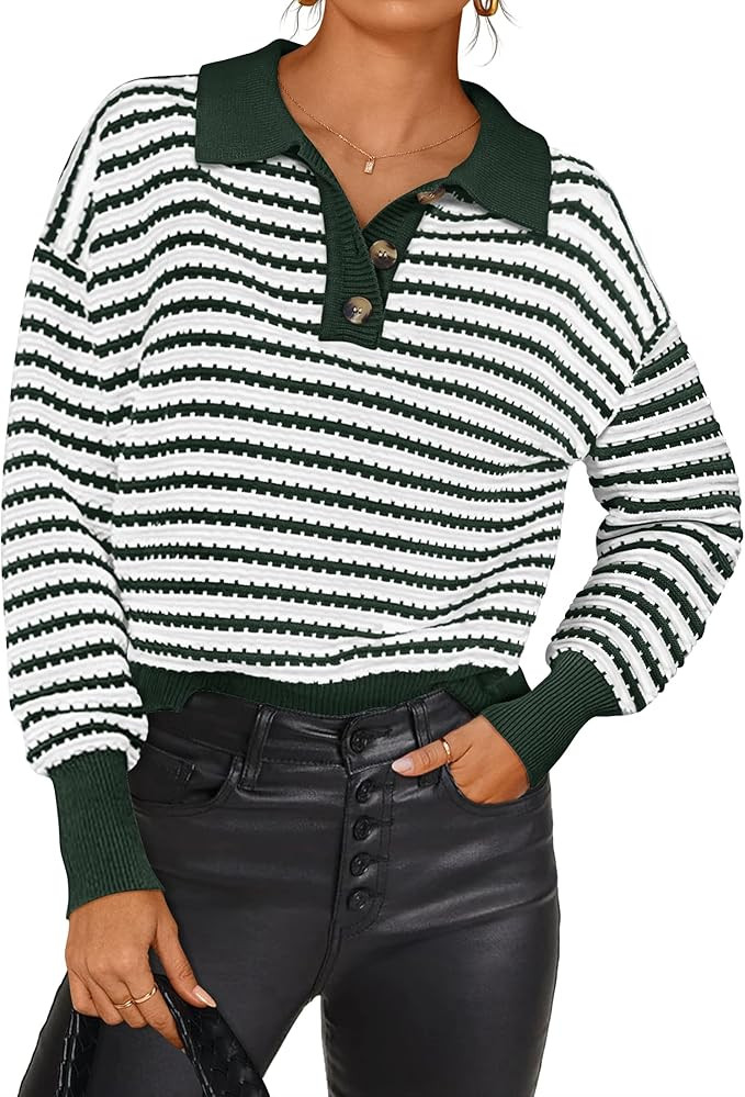 ZESICA Womens Striped Long Sleeve Sweaters 2024 Fall Casual Lapel V Neck Knit Drop Shoulder Loose... | Amazon (US)
