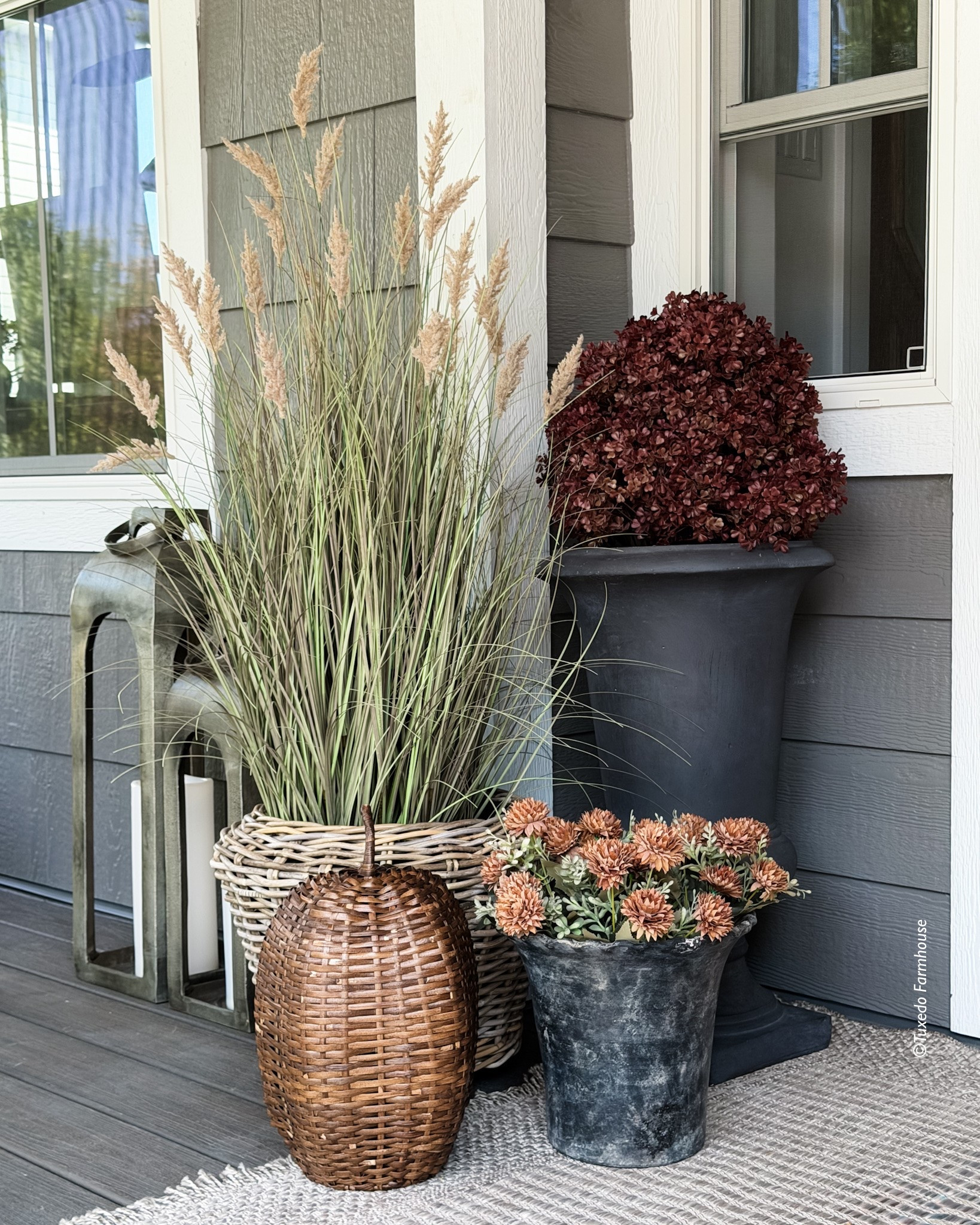 Fall porch with faux grass, mums and wicker pumpkins.

#LTKSeasonal #LTKHome #LTKSaleAlert