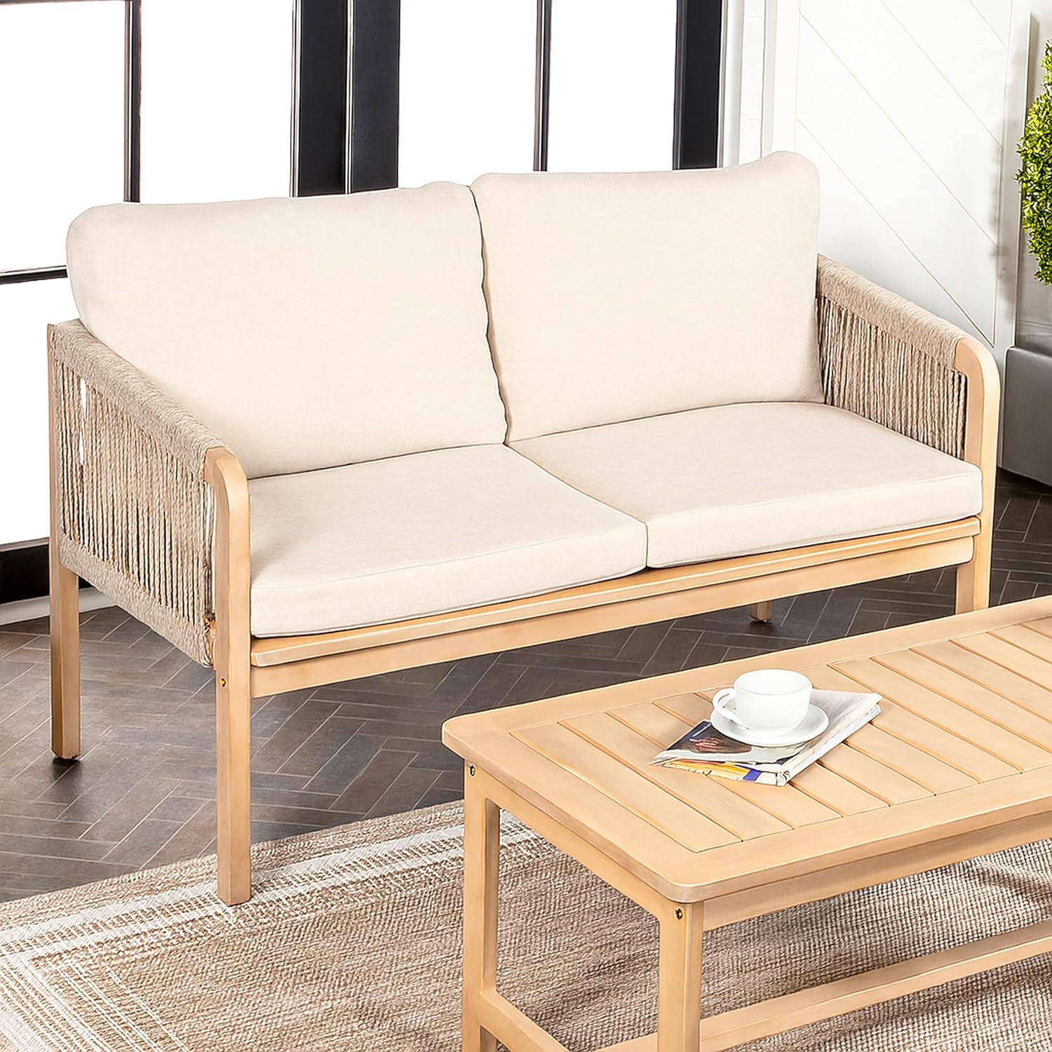 JONATHAN Y SFB1001A Arwen Modern Bohemian Roped Acacia Wood Outdoor Loveseat with Cushions Coasta... | Amazon (US)