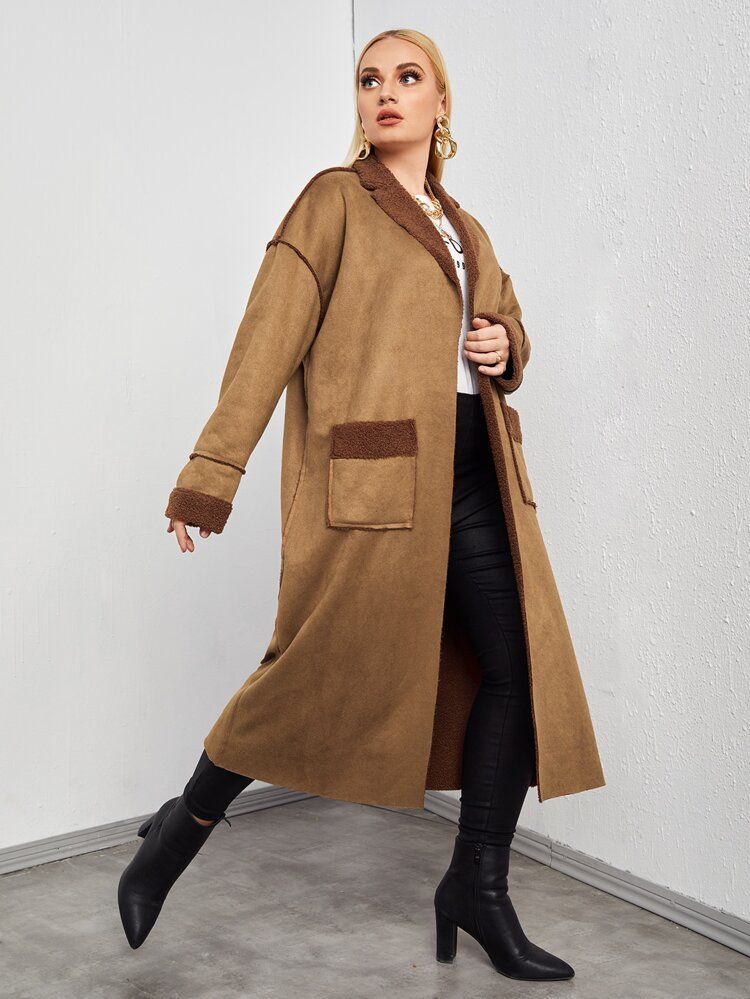 Plus Lapel Neck Teddy Lined Dual Pocket Drop Shoulder Suede Coat | SHEIN