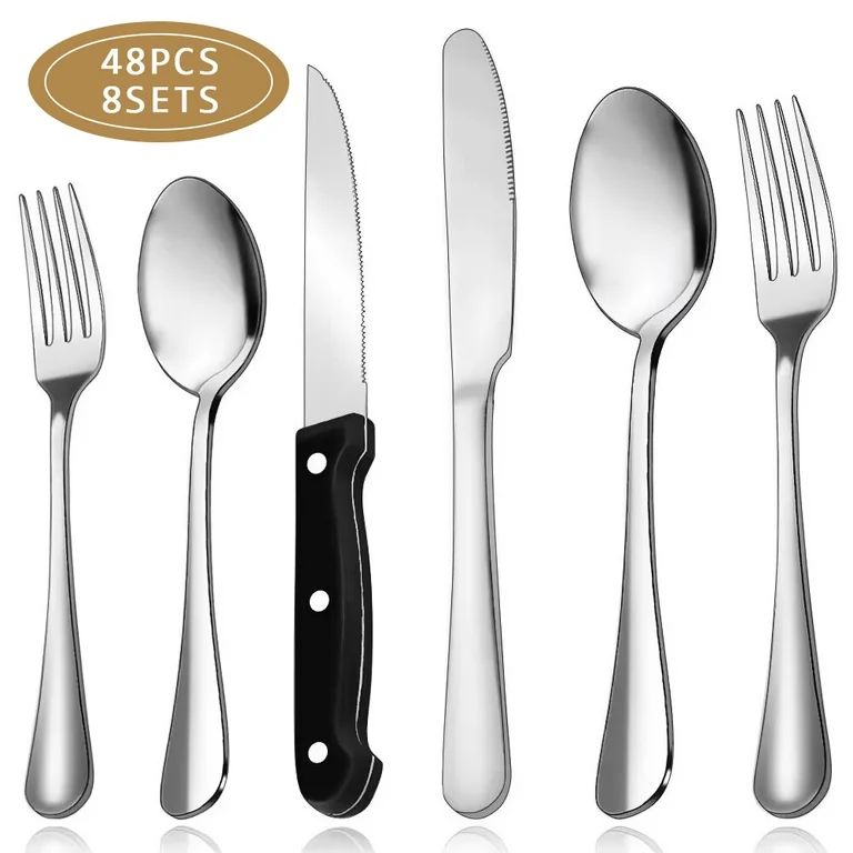 48-Pieces Silverware Set Stainless Steel Flatware Cutlery Utensil Set Spoons | Walmart (US)