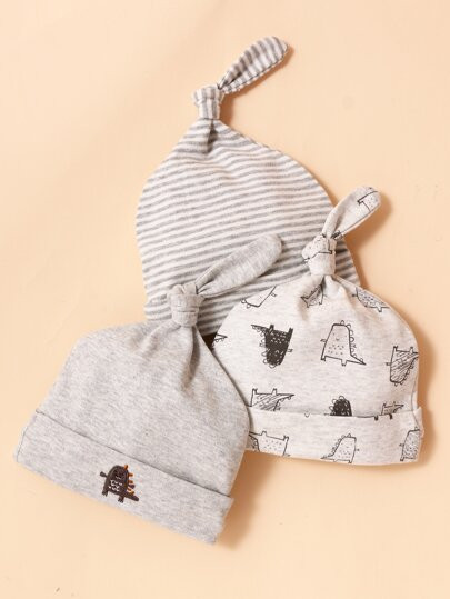 3pcs Baby Striped Print Embroidery Detail Hat | SHEIN