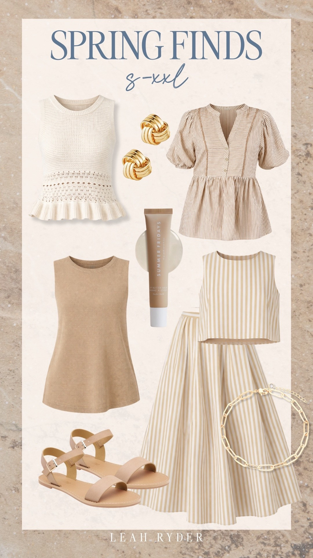 These spring finds in sizes S-XXL include neutral knit tanks, striped peplum tops, matching striped sets, and everyday flat sandals. Soft beige and cream tones make these pieces easy to mix and match for work, travel, or casual weekends. Pair the striped set with simple gold jewelry for a chic, minimal spring outfit. Lightweight spring basics like these are perfect for building a versatile capsule wardrobe.

#LTKSeasonal #LTKPlusSize