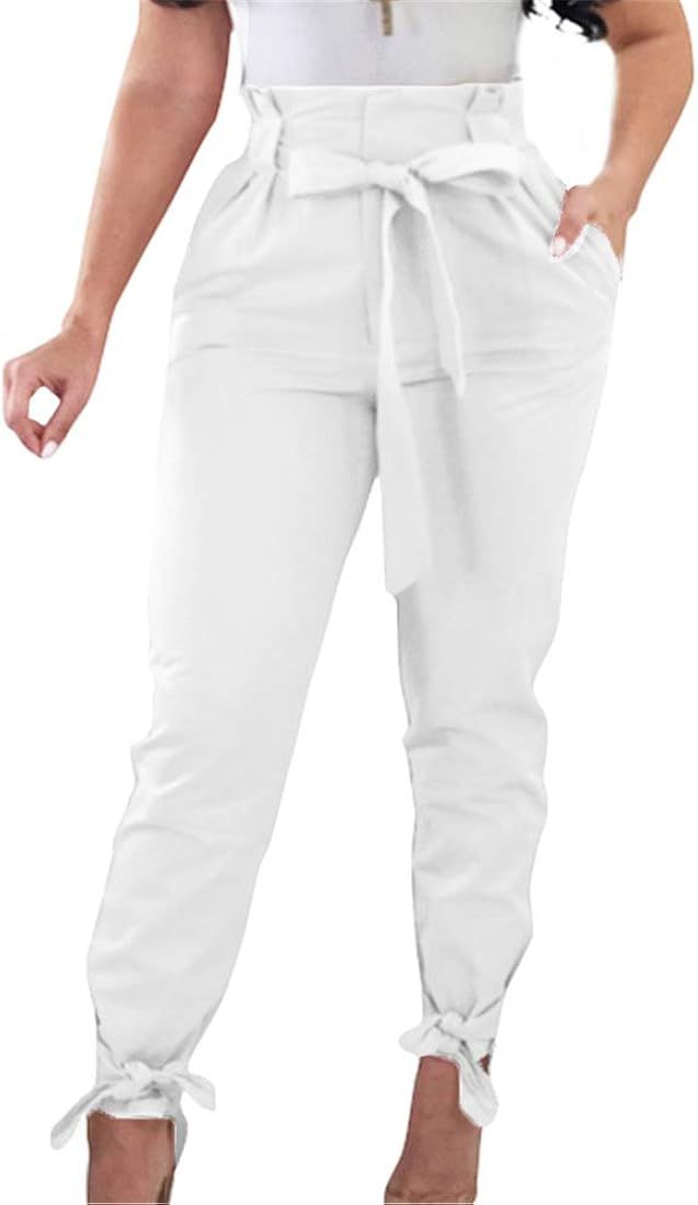 GOBLES Women Solid Casual Work Trousers High Waist Ruffle Bow Tie Pants | Amazon (US)