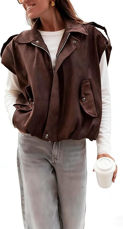 APAFES Womens Faux Suede Vest Oversized Lapel Pilot Sleeveless Jacket Fall Trendy Vest Tops Stree... | Amazon (US)