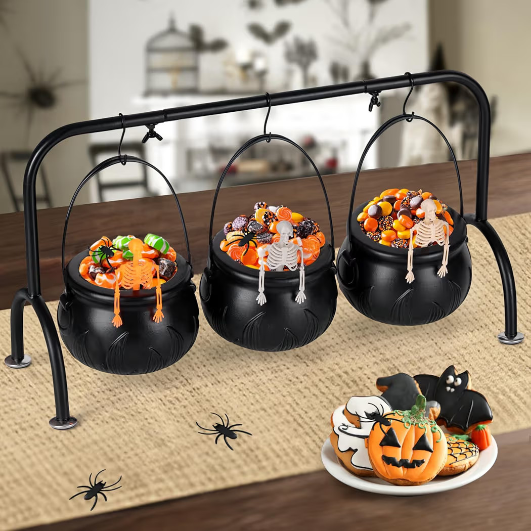 Halloween Decorations - Set of 3 Witches Cauldron Candy Serving Bowls on Rack, Black Plastic Caul... | Amazon (US)