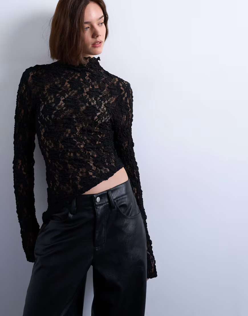 Topshop lace high neck long sleeve asymmetric hem top in black | ASOS (Global)