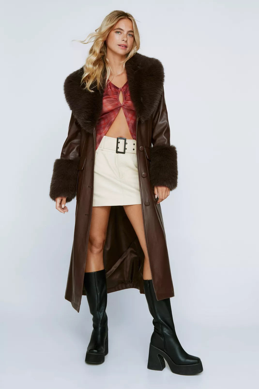 Fur Trim Belted Faux Leather Coat | Nasty Gal (US)