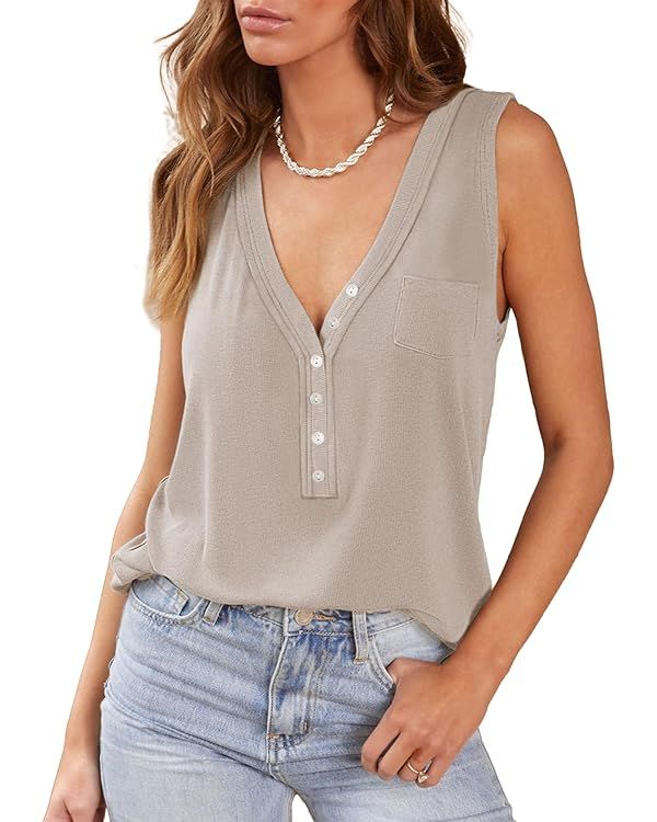 ARTFREE Womens Tank Tops V Neck Summer Sleeveless Ribbed Button Spring Casual Henley Shirts 2024 | Amazon (US)