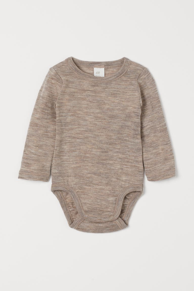 Baby Exclusive. Long-sleeved bodysuit in soft, lightweight wool jersey. Snap fasteners on one sho... | H&M (US + CA)