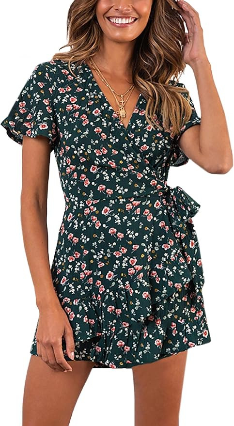 AIMCOO Women's Short Sleeve Wrap Dress Floral Print V Neck Waisted Ruffle Hem Mini Dresses | Amazon (US)