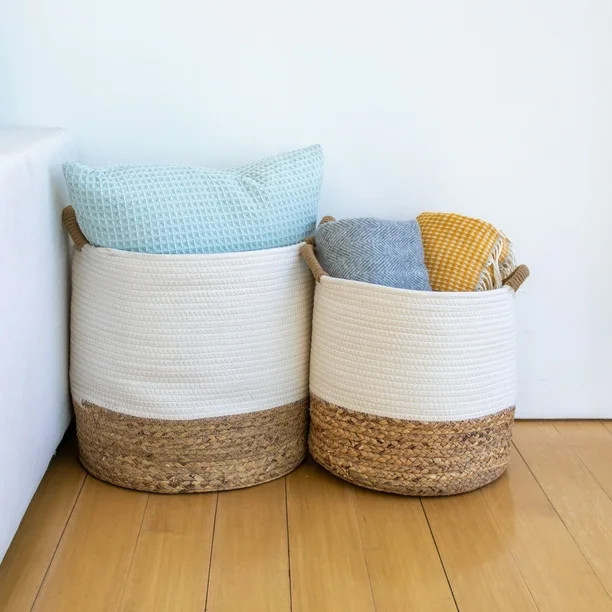 Set of 2 Natural Round Storage Basket, Braided Seagrass & Coil Rope (XL+LG), Natural & White | Walmart (US)