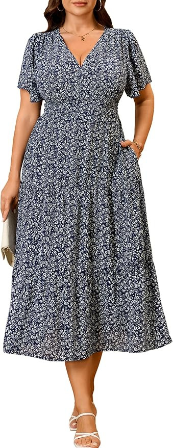 RWJ Plus Size Dresses for Women 2026 Summer Floral Short Sleeve Wrap V Neck Flowy Beach Vacation ... | Amazon (US)