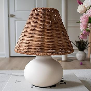 11" Small Table Lamp – Handmade Ceramic Cream Base with Wicker Rattan Shade, Dimmable Plug-in N... | Amazon (US)