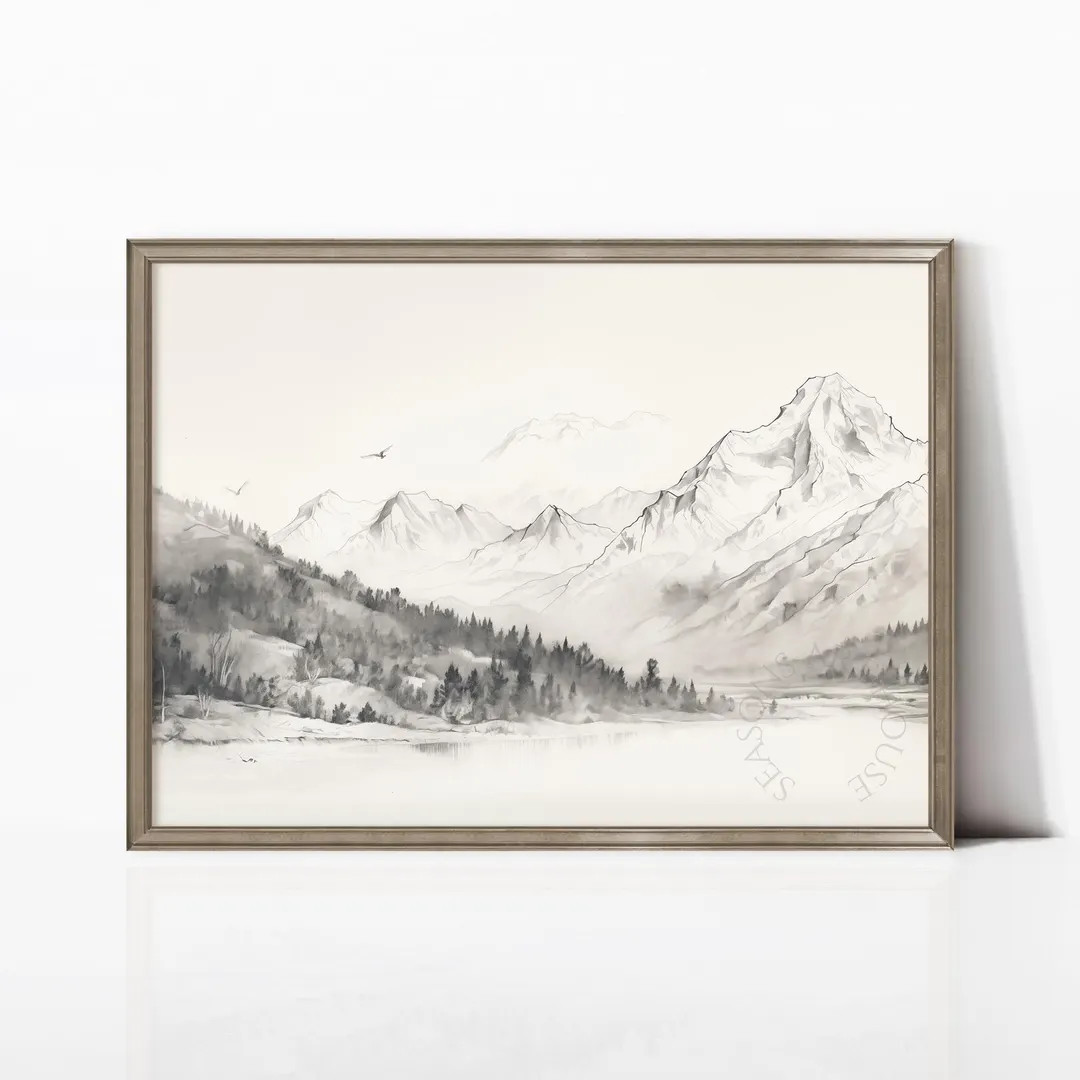 Vintage Pencil Sketch of Mountains With Wooded Lake and Trees, Rustic Landscape Wall Art | SKU# 1... | Etsy (US)