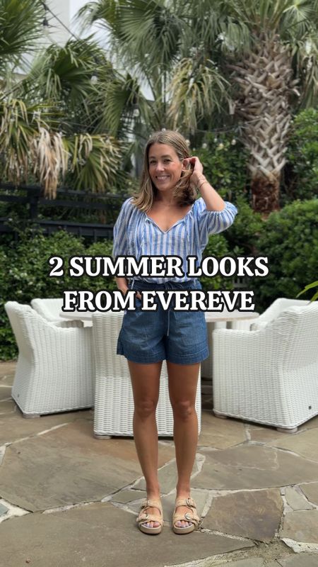 2 summer looks from Evereve! Wearing a small in everything + more pieces to love for summer! #evereve summer style summer dresses summer stripes denim shorts