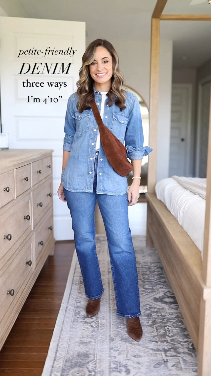 Petite-friendly denim from @madewell three ways for fall! #ad 

Now through 9/29 Insiders get 25% off at Madewell (it's free to sign up as an Insider and the discount is automatically applied to your cart). 

Sizing:
90s Straight Jeans: Petite 24 - tts, rigid denim with stretch (my exact wash is unavailable, but others are still available)
Denim Shirt: XXS
White Crewneck T-shirt: XXS
Mid-Risk Kick-Out Jeans: Petite 24 - but I recommend a size up in this wash
Cropped Olive Top: XXS
Emmett Wide-Leg Jeans: Petite 24 - runs large
Leather Jacket: XXS - dried cedar

#madewellpartner #madewell


#LTKFallSale