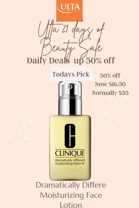 Sale 🚨 alert 

Ulta 21 day of Beauty
50% off 

Clinique Dramatically Different Moisturizing Face Lotion 

4.2oz  bottle 

Now $16.50 
Normally $33

A great light moisturizer,
Non greasy and perfect for day.



#LTKbeauty #LTKsalealert
