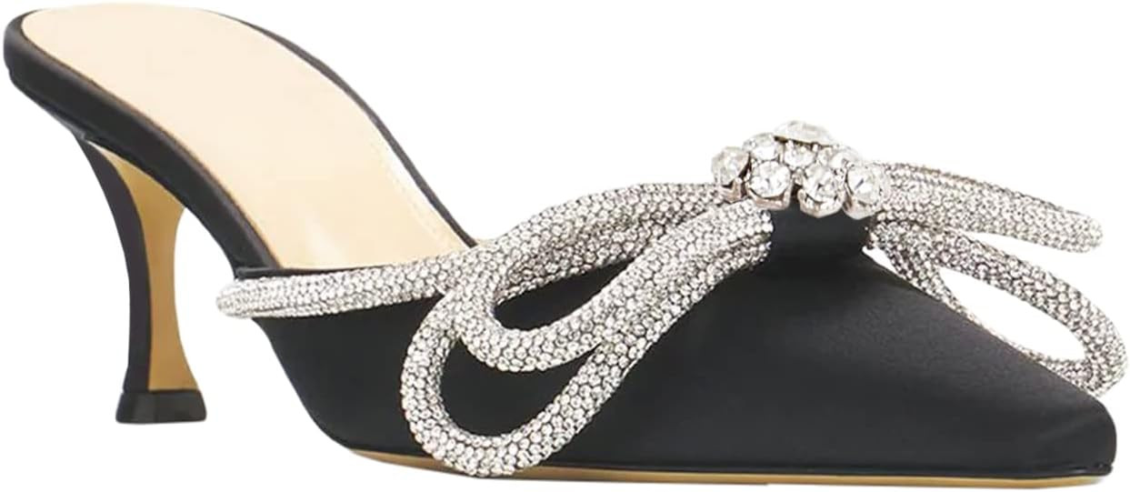 Women's Closed Pointed Toe Pumps Glitter Rhinestone Backless Heels Bowknot Low Kitten Heeled Sand... | Amazon (US)