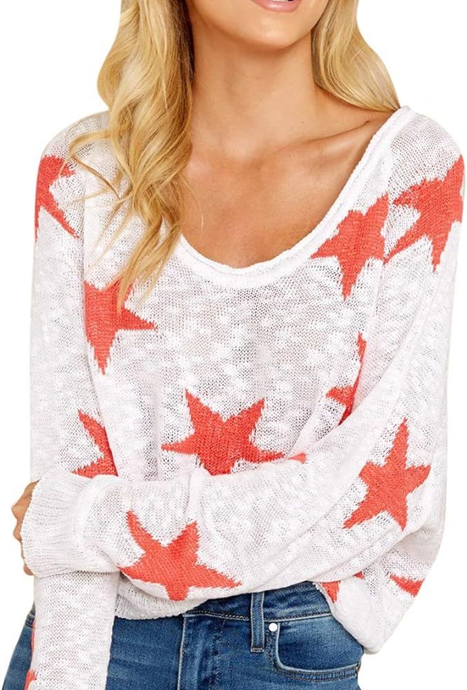 Fixmatti Women Sheer Sweater One Shoulder Star Printed Knit Shirts Top | Amazon (US)