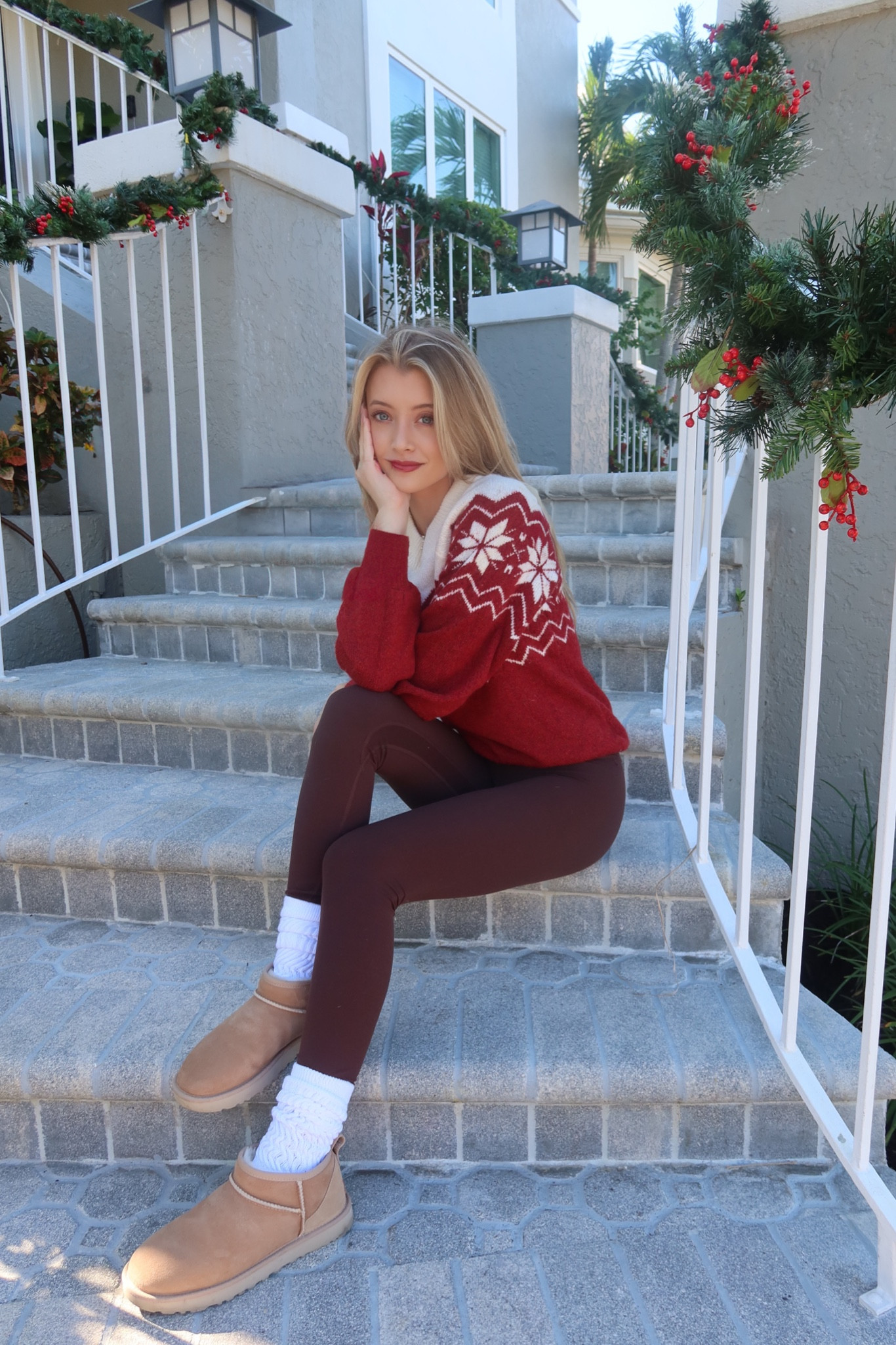 Christmas sweater
Ugly sweater
Brown leggings
Ugg boots
White socks for Uggs 

#LTKSeasonal #LTKHoliday #LTKGiftGuide