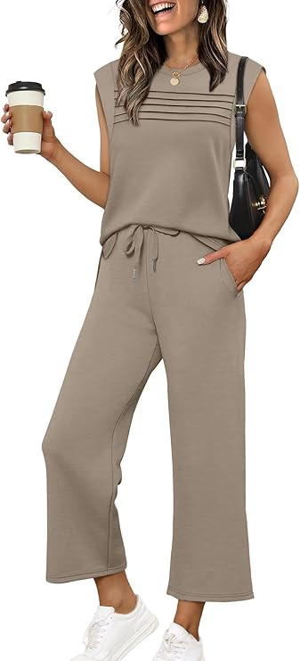 WIHOLL 2 Piece Sets for Women Summer Lounge Sets Travel Vacation Outfits Cap Sleeve Sweatsuit Sid... | Amazon (US)