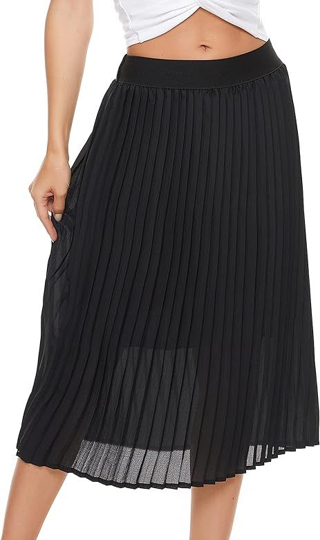 TEERFU Womens Pleated Midi Skirt,High Waist Swing Boho Pleated Skirt Casual Chiffon Elastic A-lin... | Amazon (US)